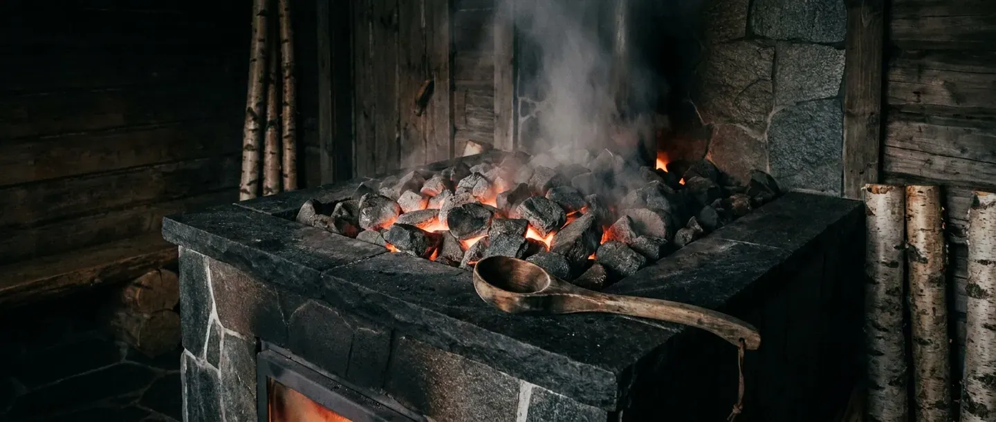 Kiuas ja kuumat kivet, joista nousee höyryä.